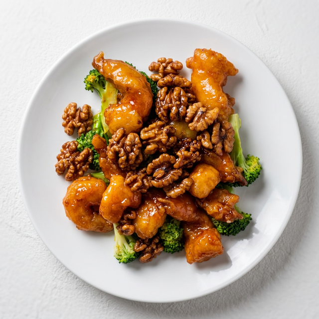 Crispy Jumbo Shrimp with Honey Walnuts.
